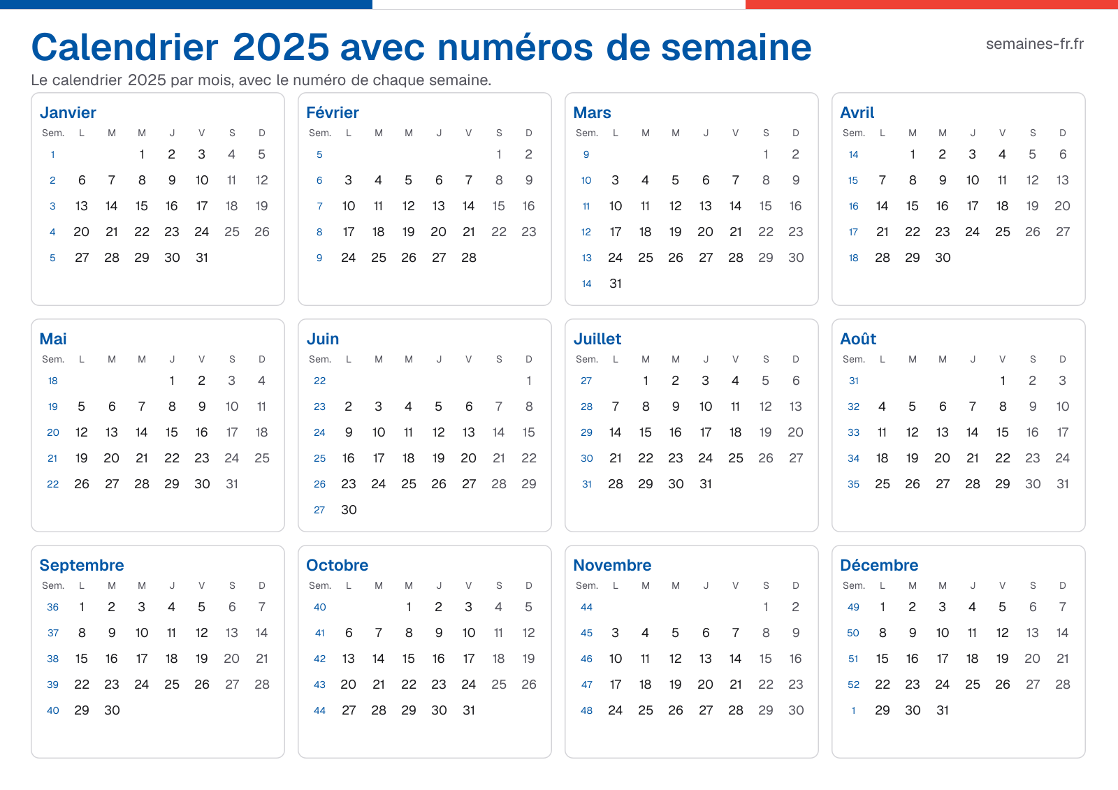 Calendrier 2025 avec numéros de semaine