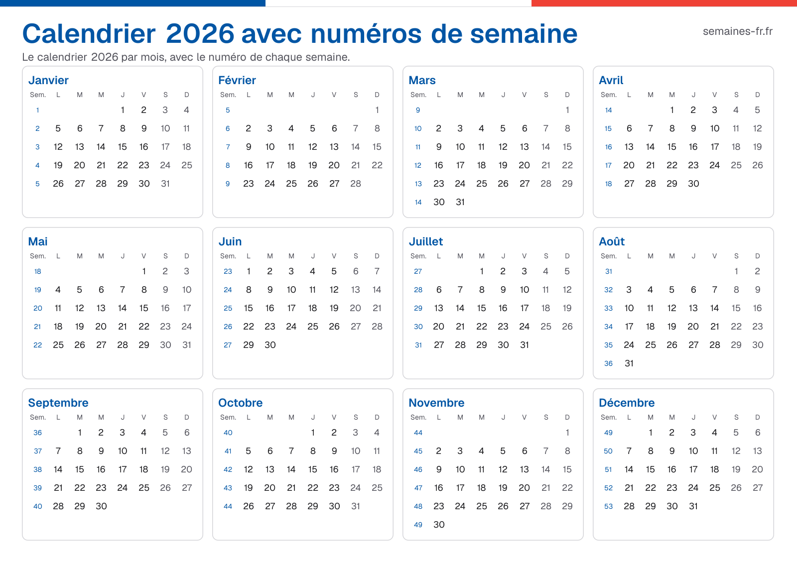 Calendrier 2026 avec numéros de semaine