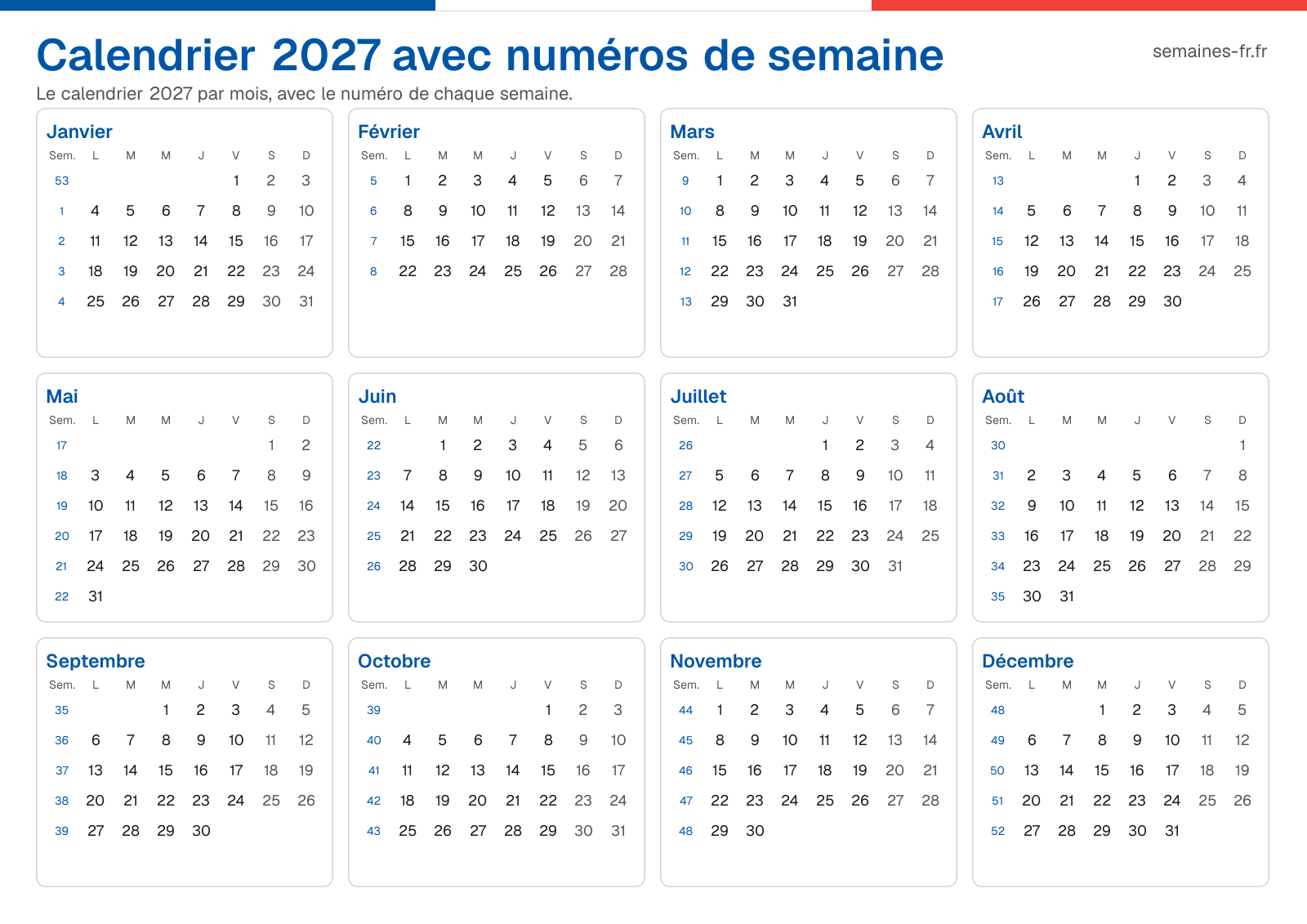 Calendrier 2027 avec numéros de semaine