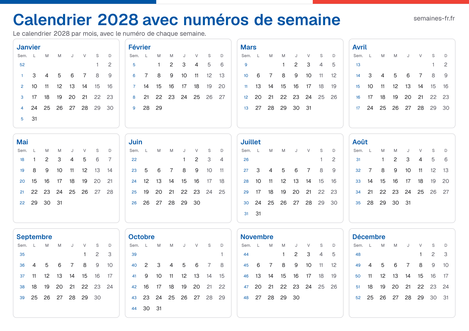 Calendrier 2028 avec numéros de semaine