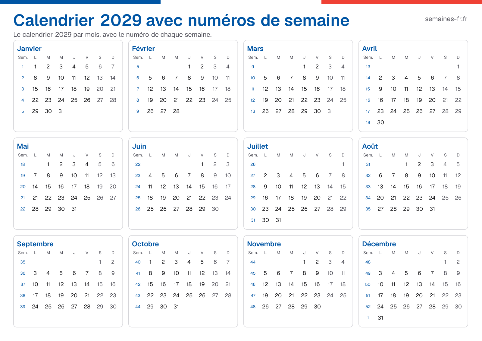 Calendrier 2029 avec numéros de semaine