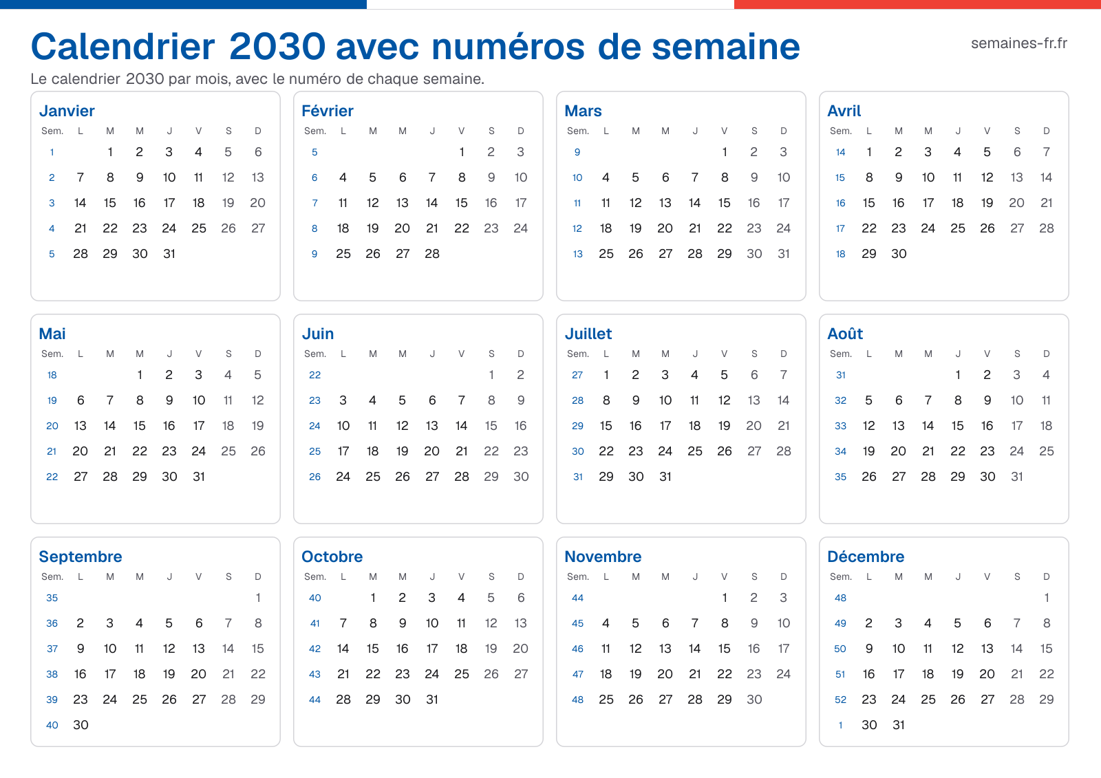 Calendrier 2030 avec numéros de semaine